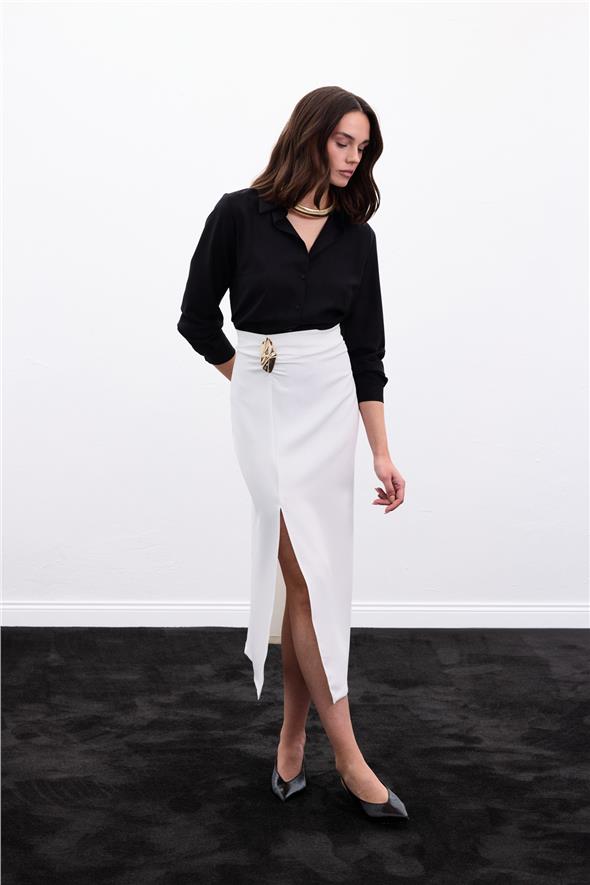 Gold Yan Aksesuarlı Etek - Ekru