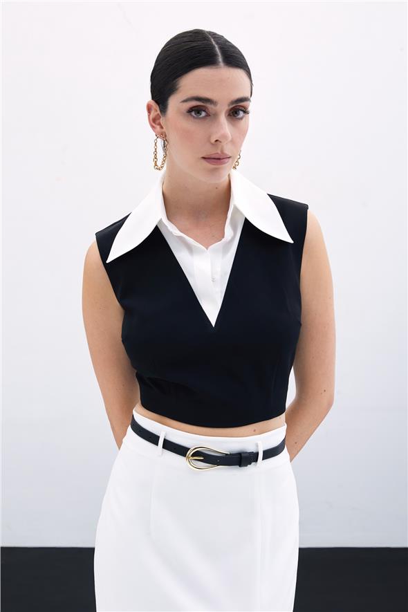 Gömlek Yaka Kısa Bluz - Siyah