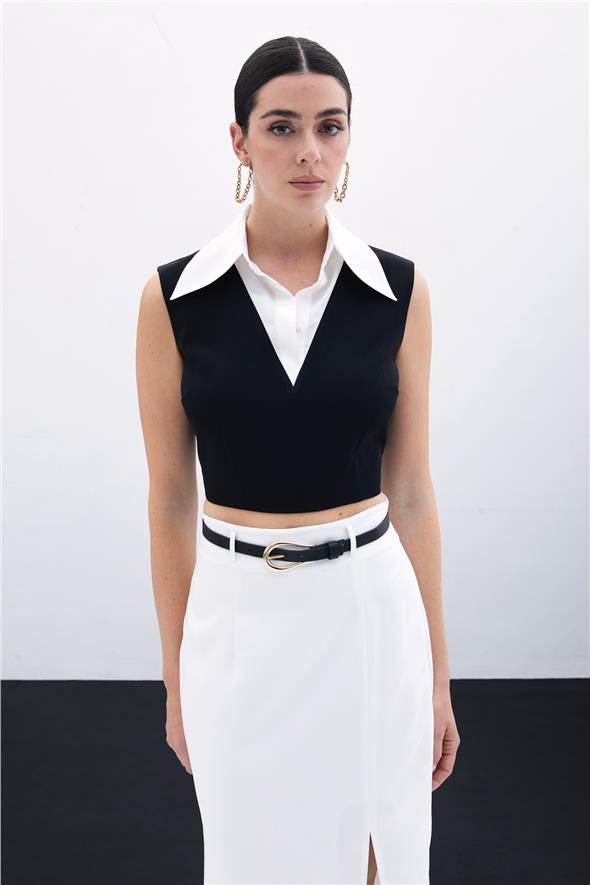 Gömlek Yaka Kısa Bluz - Siyah