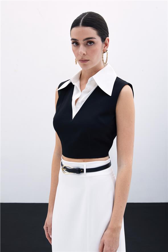 Gömlek Yaka Kısa Bluz - Siyah