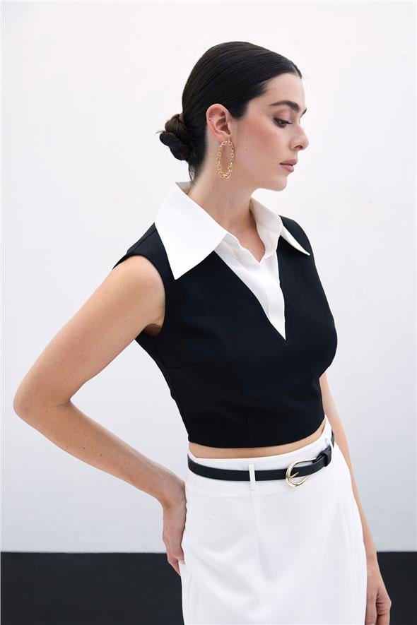 Gömlek Yaka Kısa Bluz - Siyah