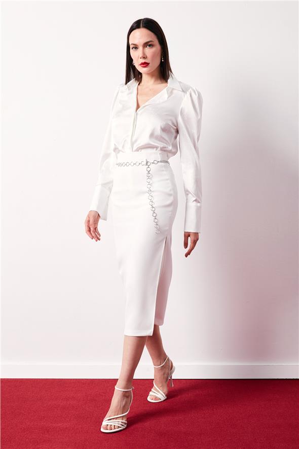 Gümüş Zincirli Kalem Etek - Ekru