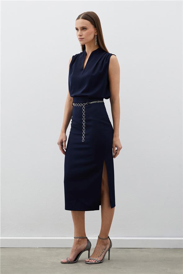 Gümüş Zincirli Kalem Etek - Lacivert