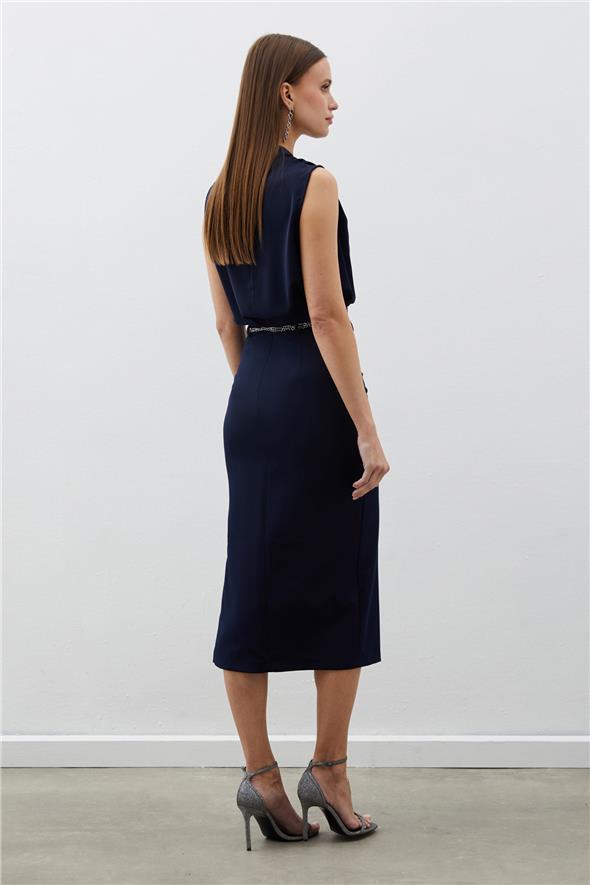 Gümüş Zincirli Kalem Etek - Lacivert