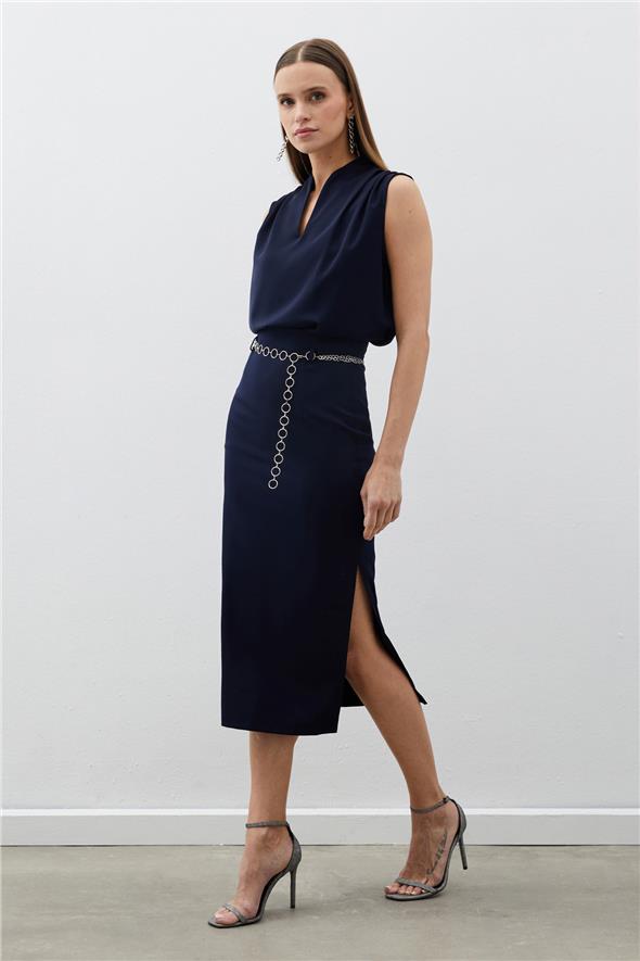 Gümüş Zincirli Kalem Etek - Lacivert