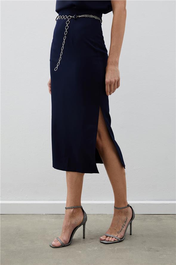 Gümüş Zincirli Kalem Etek - Lacivert