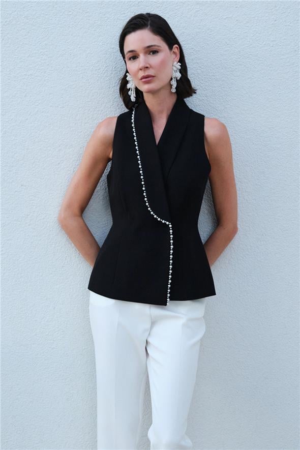 İnci Detaylı Yelek - Siyah