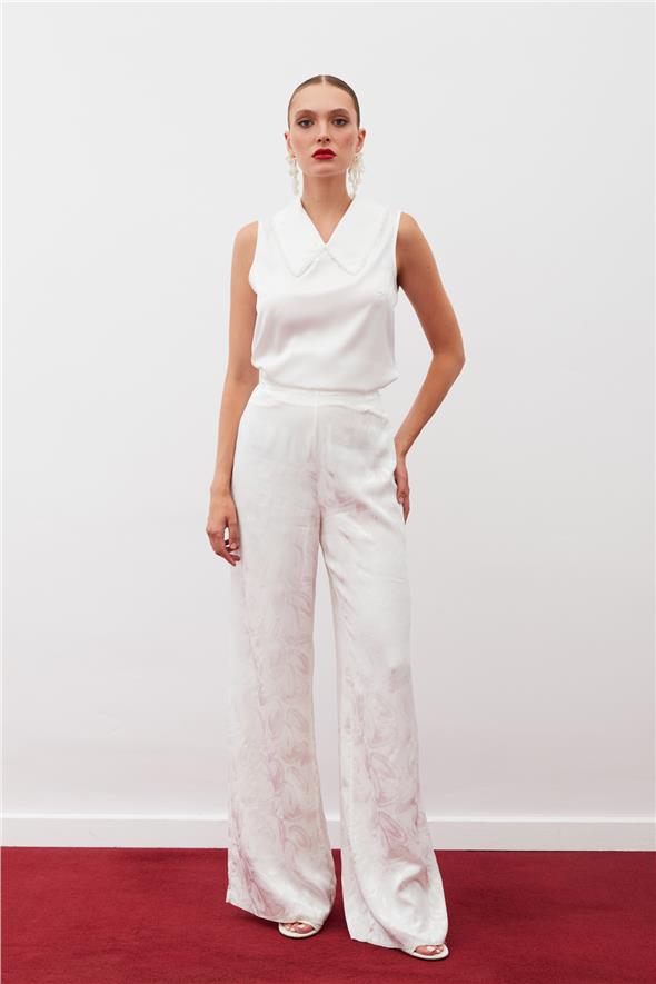 İnci Yakalı Kolsuz Bluz - Ekru