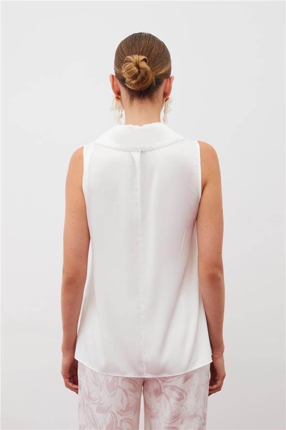 İnci Yakalı Kolsuz Bluz - Ekru