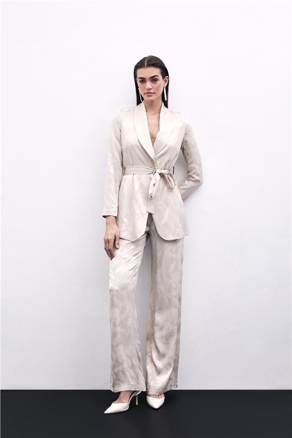 Jakarlı Bol Paça Pantolon - Bej