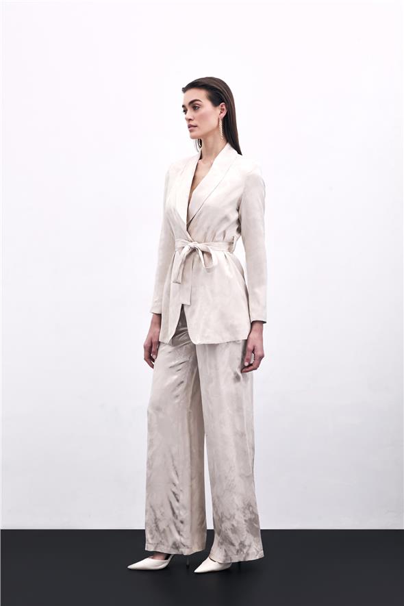 Jakarlı Bol Paça Pantolon - Bej