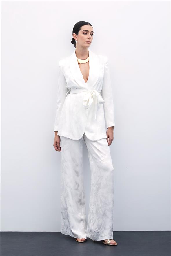 Jakarlı Bol Paça Pantolon - Ekru