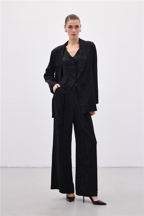 Jakarlı Bol Pantolon - Siyah