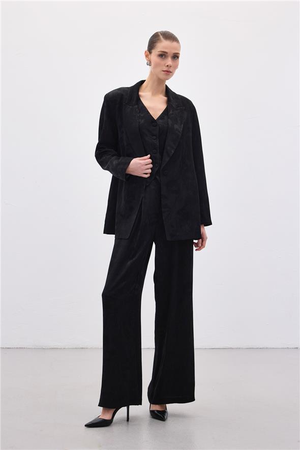 Jakarlı Bol Pantolon - Siyah