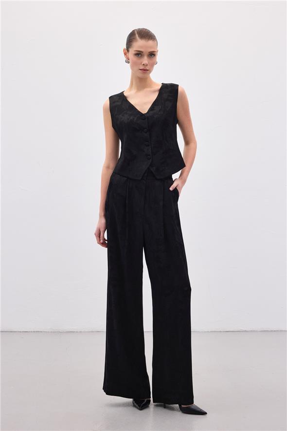 Jakarlı Bol Pantolon - Siyah