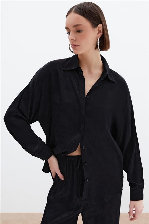Jakarlı Saten Gömlek - Siyah