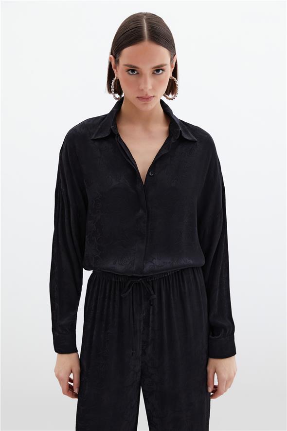 Jakarlı Saten Gömlek - Siyah