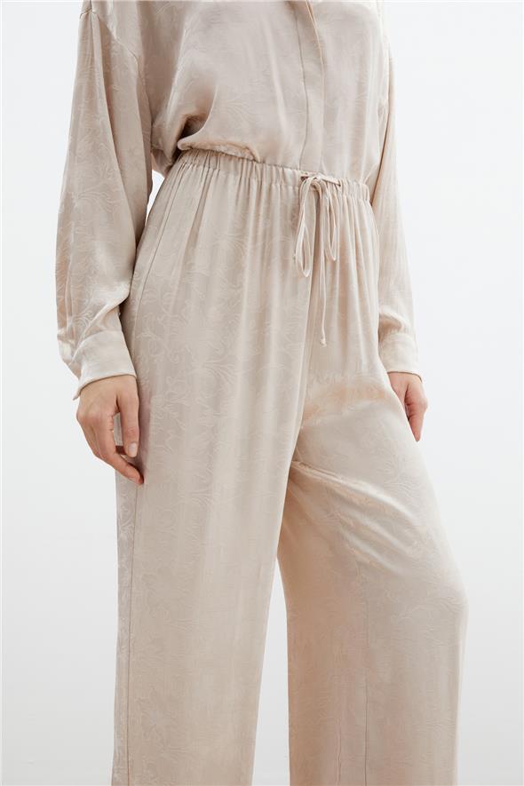Jakarlı Saten Pantolon - Bej