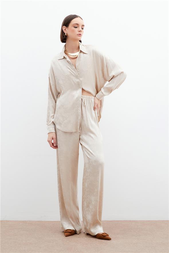 Jakarlı Saten Pantolon - Bej