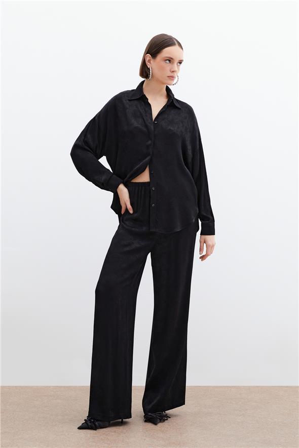 Jakarlı Saten Pantolon - Siyah