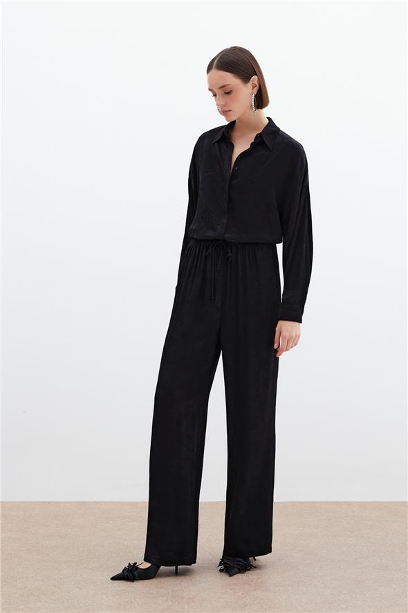 Jakarlı Saten Pantolon - Siyah