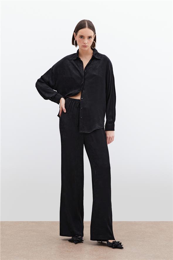 Jakarlı Saten Pantolon - Siyah