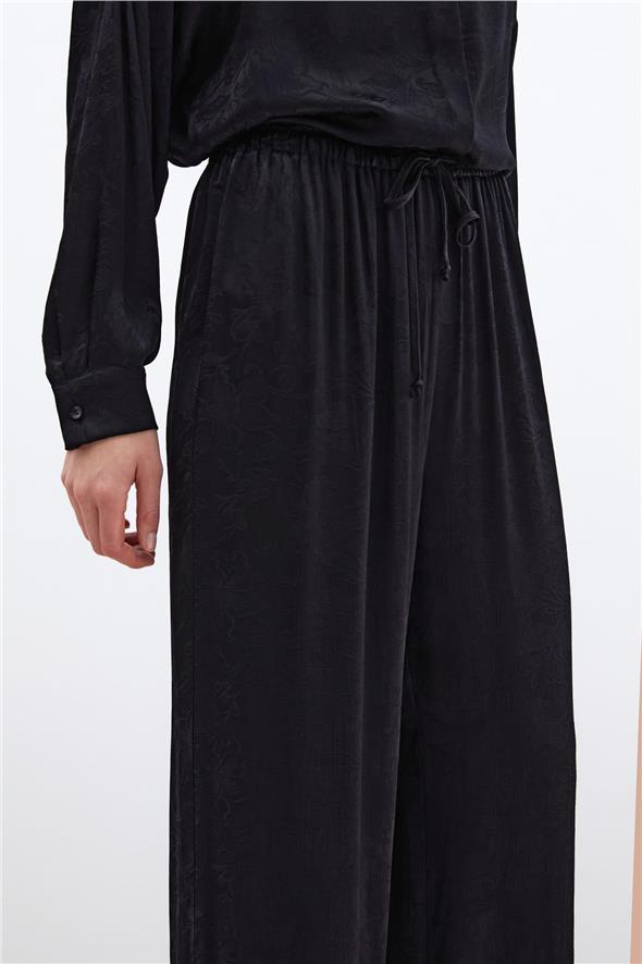 Jakarlı Saten Pantolon - Siyah