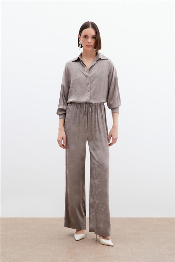 Jakarlı Saten Pantolon - Vizon