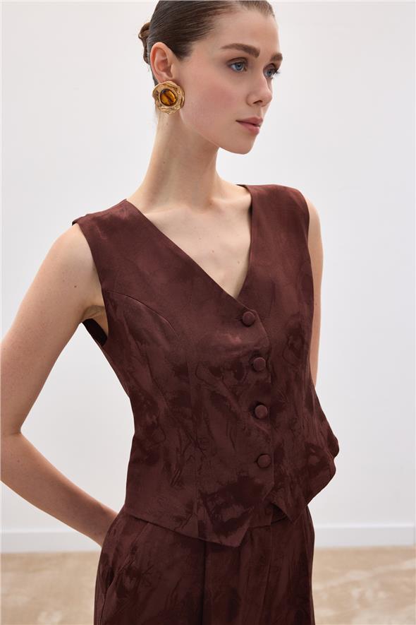 Jakarlı Yelek - Kahve