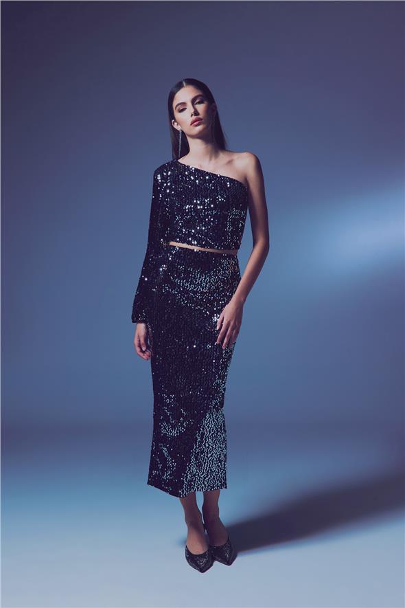 Kadife Payetli Midi Etek - Gümüş