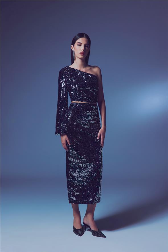 Kadife Payetli Midi Etek - Gümüş