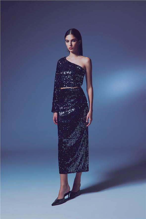 Kadife Payetli Midi Etek - Gümüş