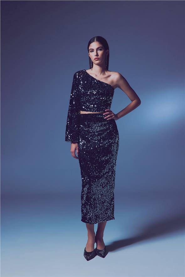 Kadife Payetli Midi Etek - Gümüş