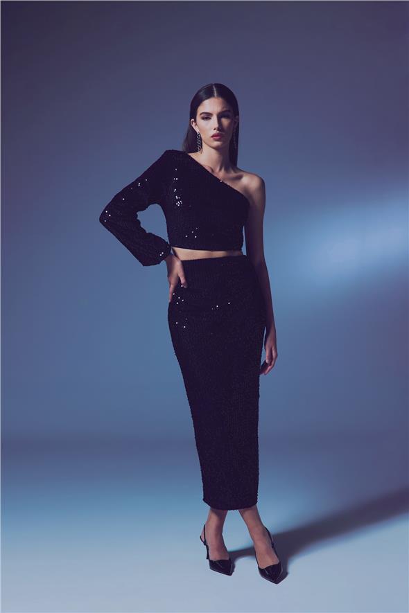 Kadife Payetli Midi Etek - Siyah