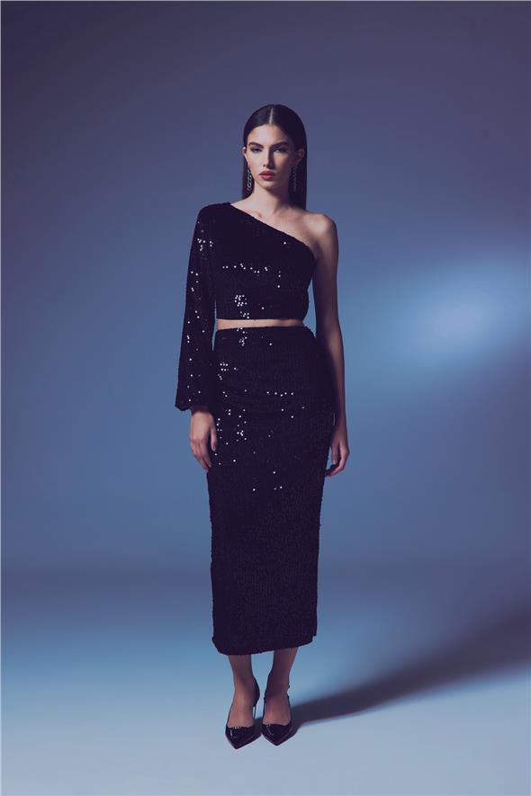 Kadife Payetli Midi Etek - Siyah