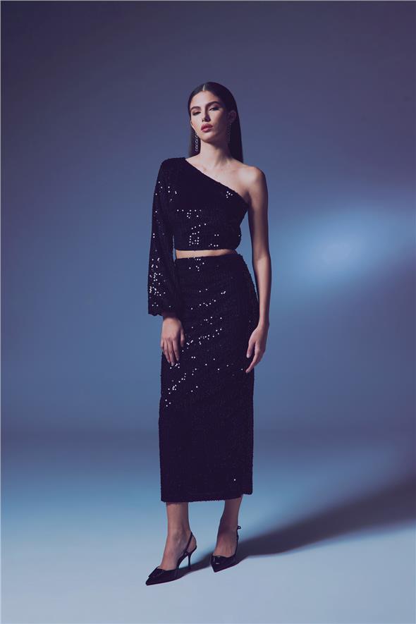 Kadife Payetli Midi Etek - Siyah