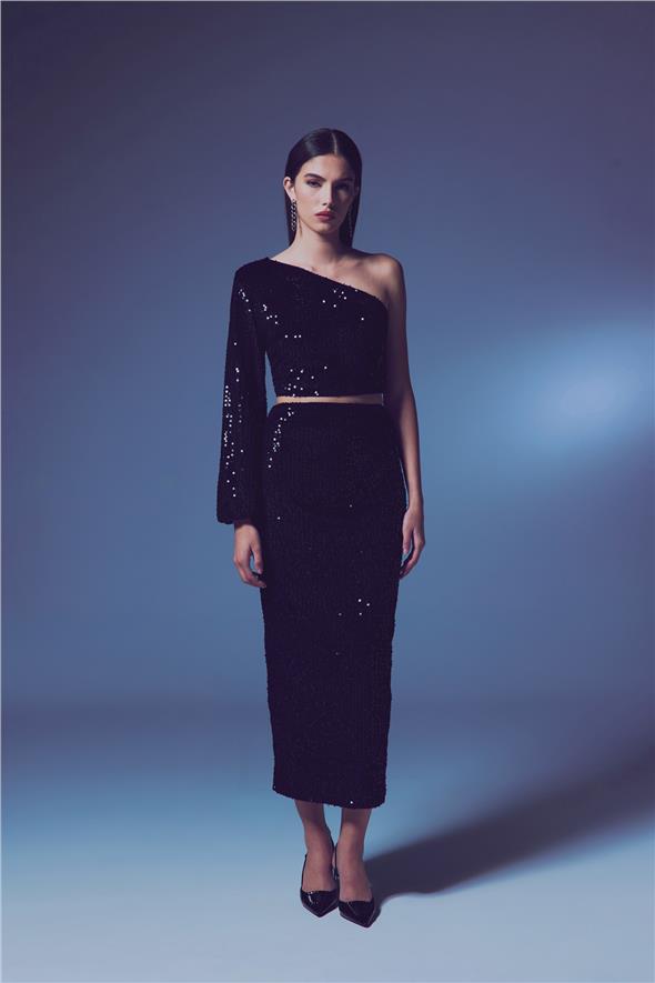 Kadife Payetli Midi Etek - Siyah