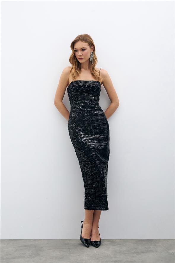 Kadife Payetli Uzun Elbise - Siyah