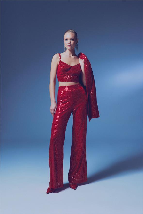 Kalın Askılı Payet Crop - Kırmızı