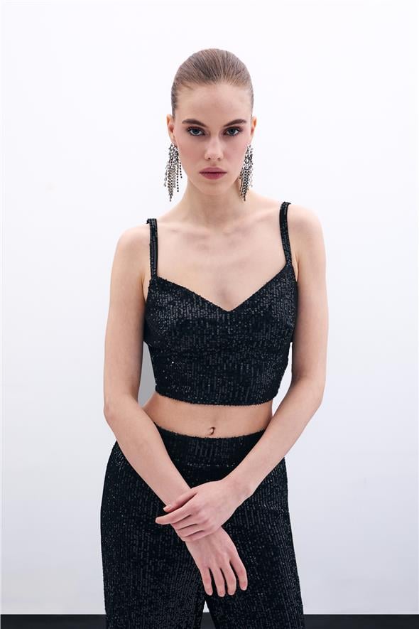 Kalın Askılı Payet Crop - Siyah