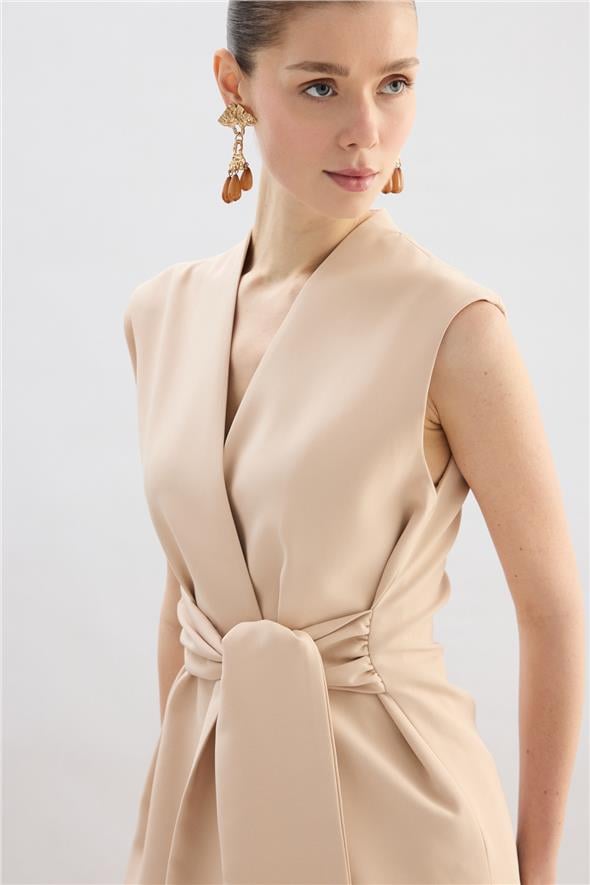 Kalın Kuşaklı Yelek - Bej