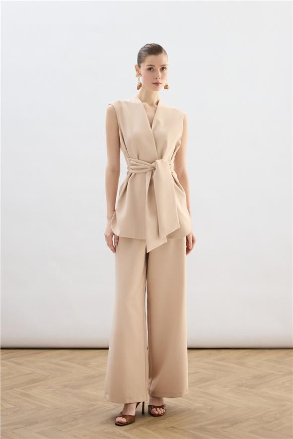 Kalın Kuşaklı Yelek - Bej