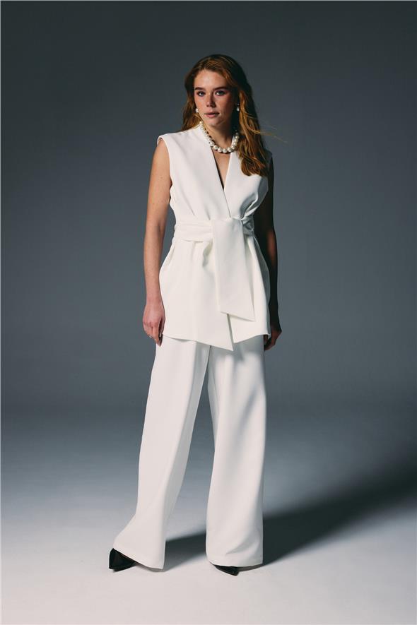 Kalın Kuşaklı Yelek - Ekru