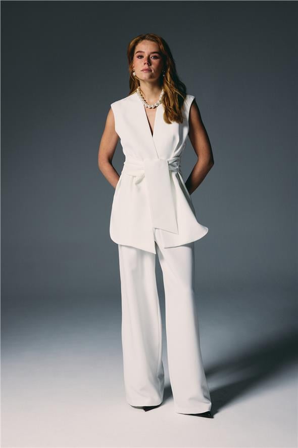 Kalın Kuşaklı Yelek - Ekru