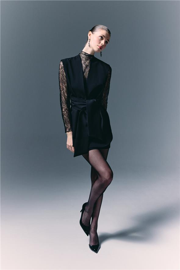 Kalın Kuşaklı Yelek - Siyah