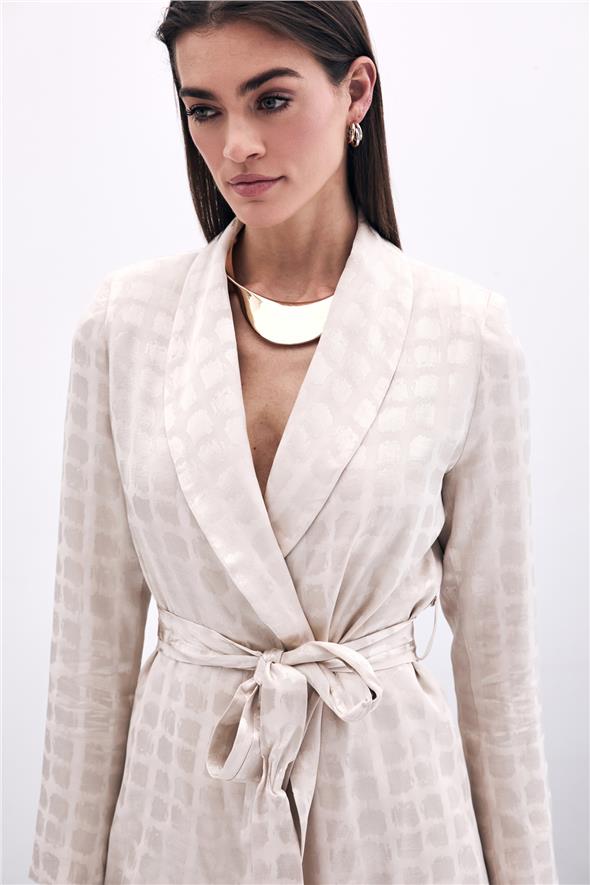 Kare Desenli Kuşaklı ceket - Bej