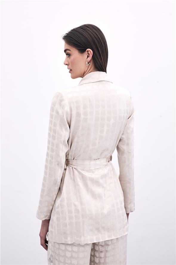 Kare Desenli Kuşaklı ceket - Bej