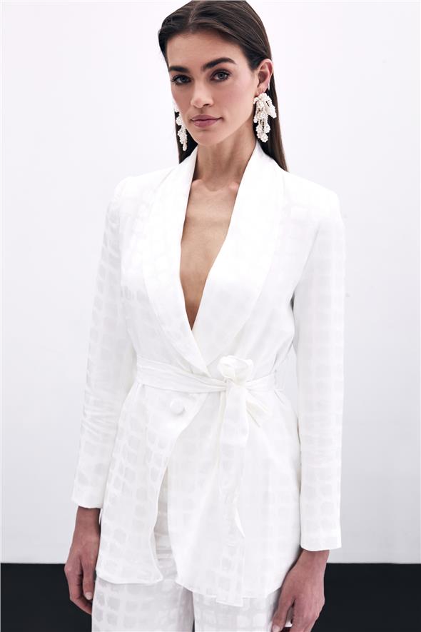 Kare Desenli Kuşaklı ceket - Ekru