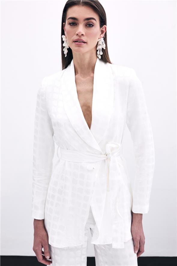 Kare Desenli Kuşaklı ceket - Ekru