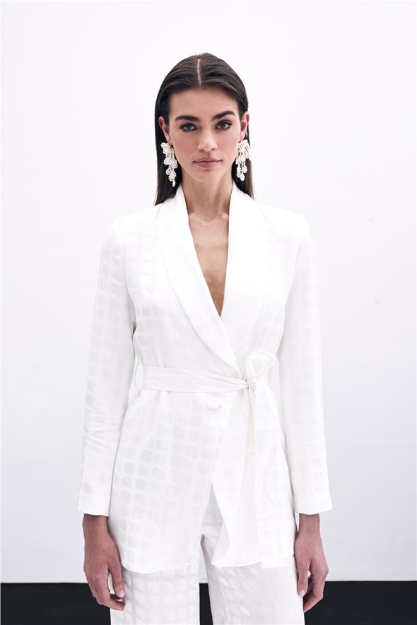 Kare Desenli Kuşaklı ceket - Ekru